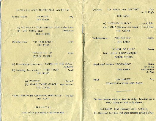 Inside Programme for concert given on 23rd November 1963 - Click for larger view